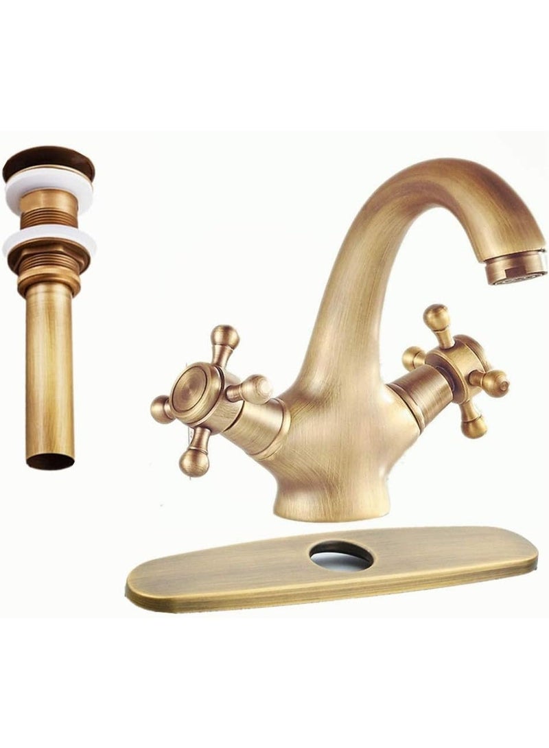 واي دي صنبور حمام كلاسيكي بمقبضين وفوهة منحنية، صنبور خلاط حوض مثبت على سطح الحوض، صنبور حوض غسيل بتصميم عتيق للاستخدام في حمامات المنازل والفنادق - Image 2